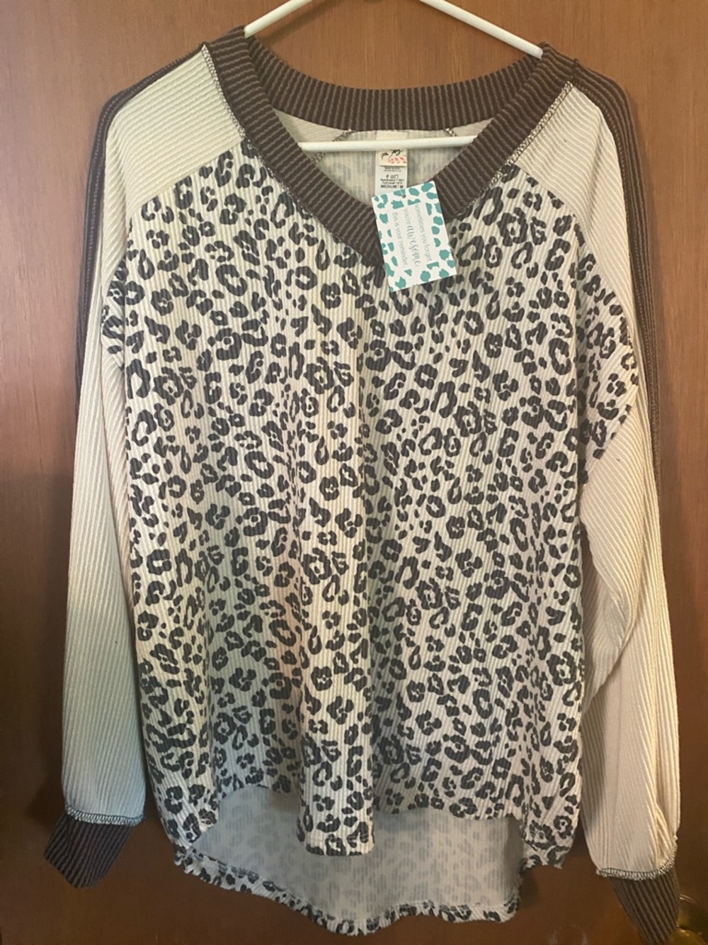 Leopard Print Ribbed Tunic Top - Cream & Brown
